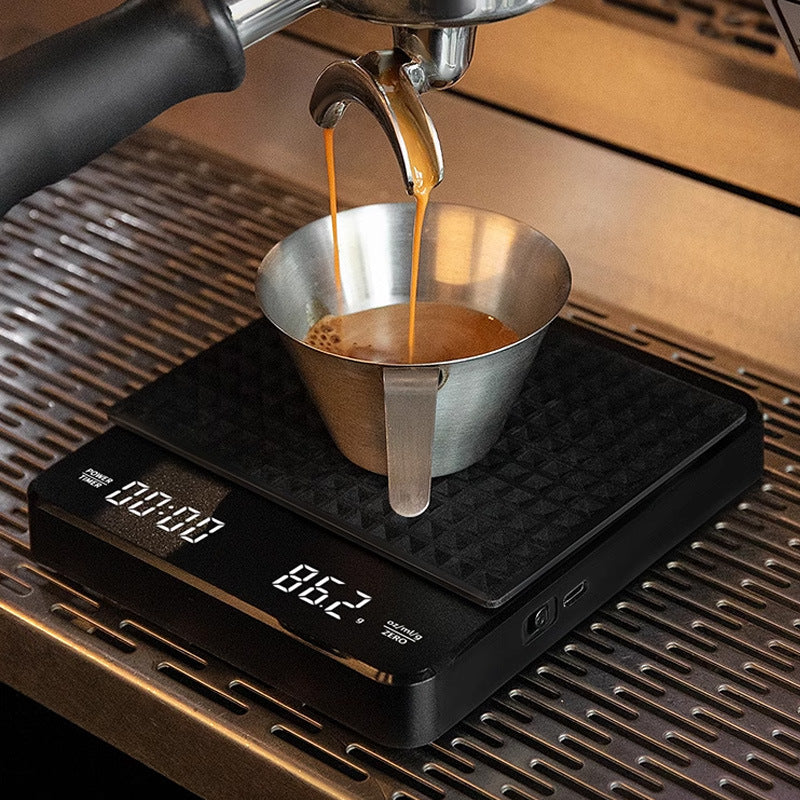 Digital coffee scale with an LED timer and weight display in black
