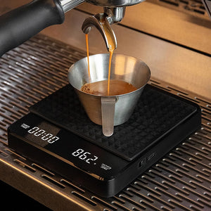 Digital coffee scale with an LED timer and weight display in black