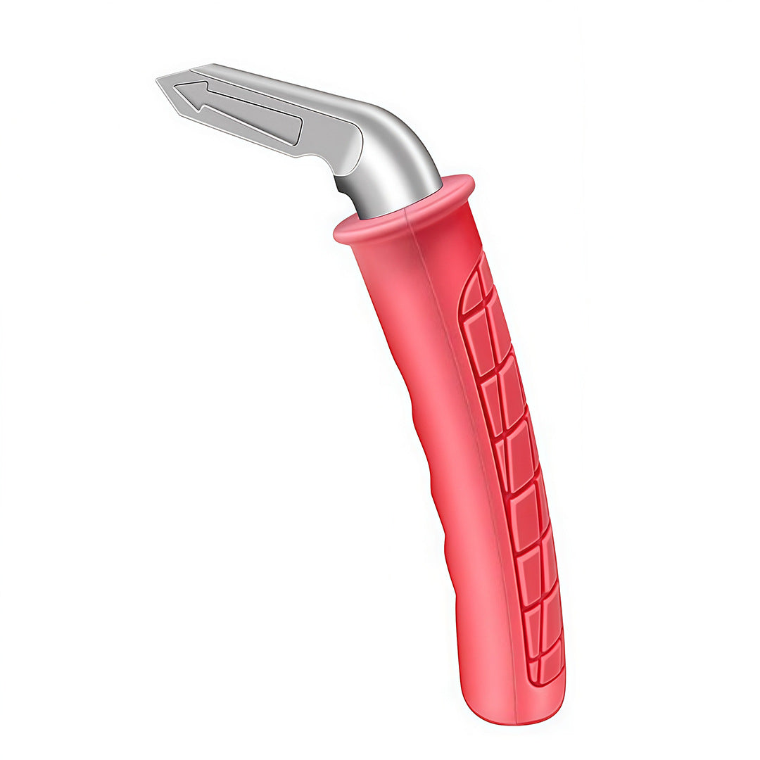 Red moulded grip car door assist handle with silver metal tip, three quarter studio view on white