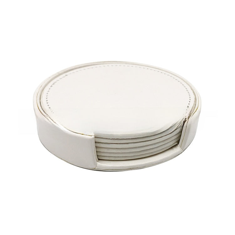 White PU leather round coaster set with a matching holder