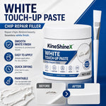 White touch up repair paste tub with flat brush, chip repair filler, icons for walls furniture cabinets doors trim