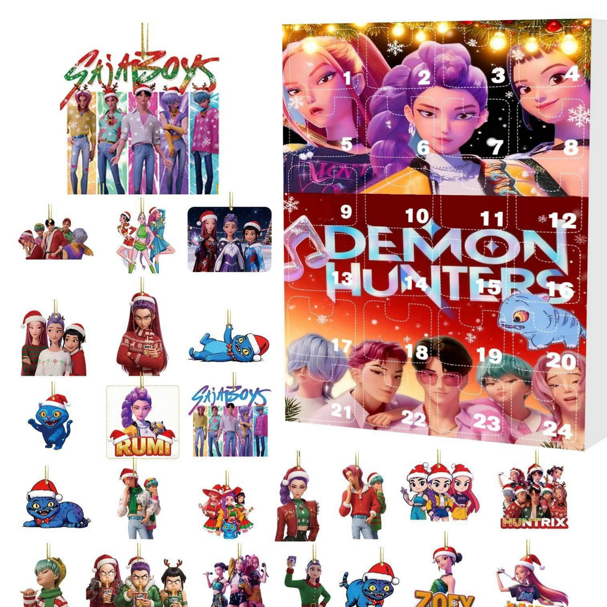Demon Hunters advent calendar cover in red and purple with a sheet of 24 festive character ornaments