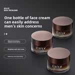 Three dark glass Caisy men's face cream jars with copper-toned lids on a dark background beside a skin care headline