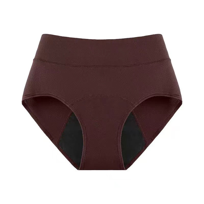 Lava deep brown high-waist menstrual brief front view with mesh side panels on plain background
