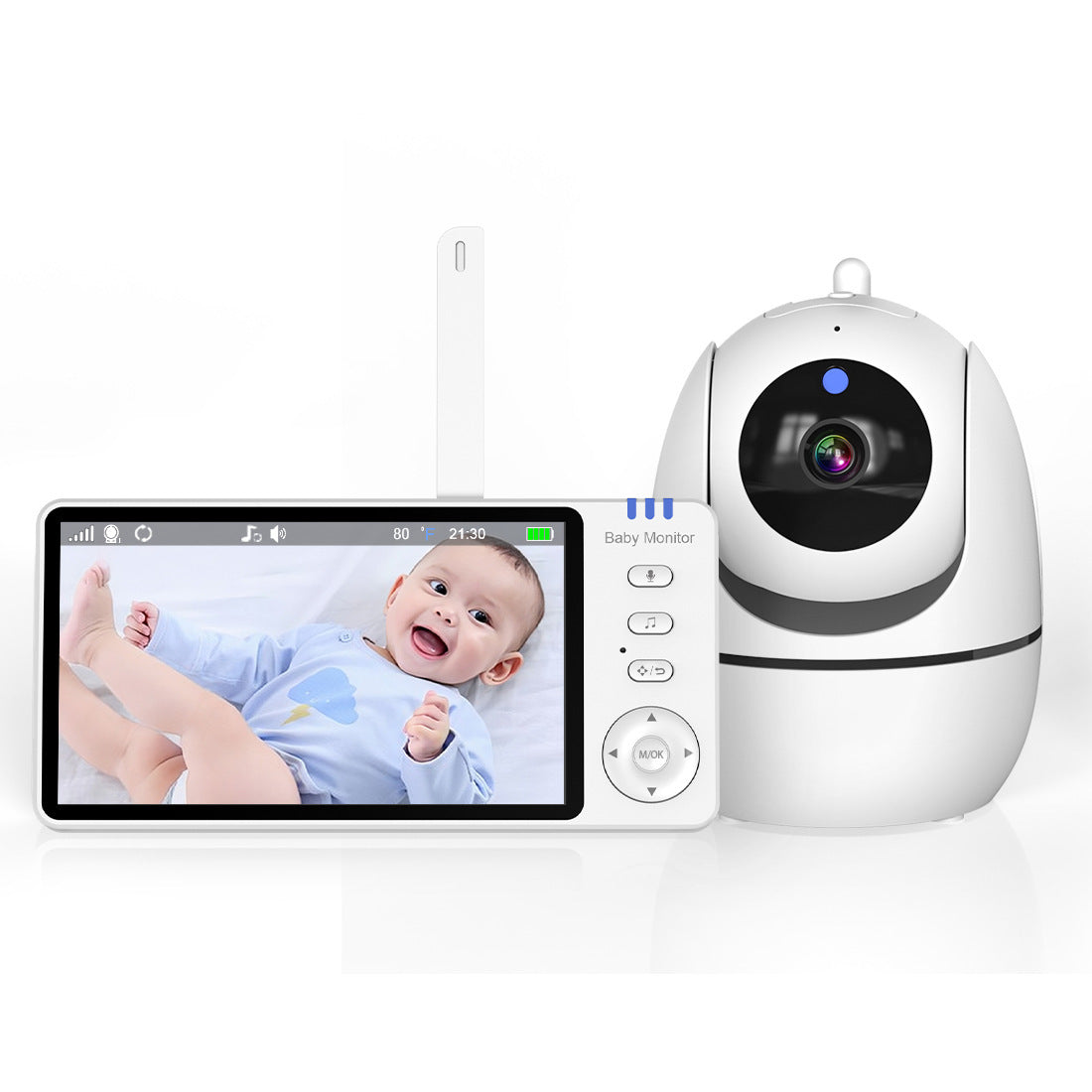 Baby monitor with a widescreen parent unit and a round pan camera on its base, a smiling baby on the display