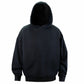 Detail of the ribbed hem and cuffs on the black cotton hooded sweatshirt