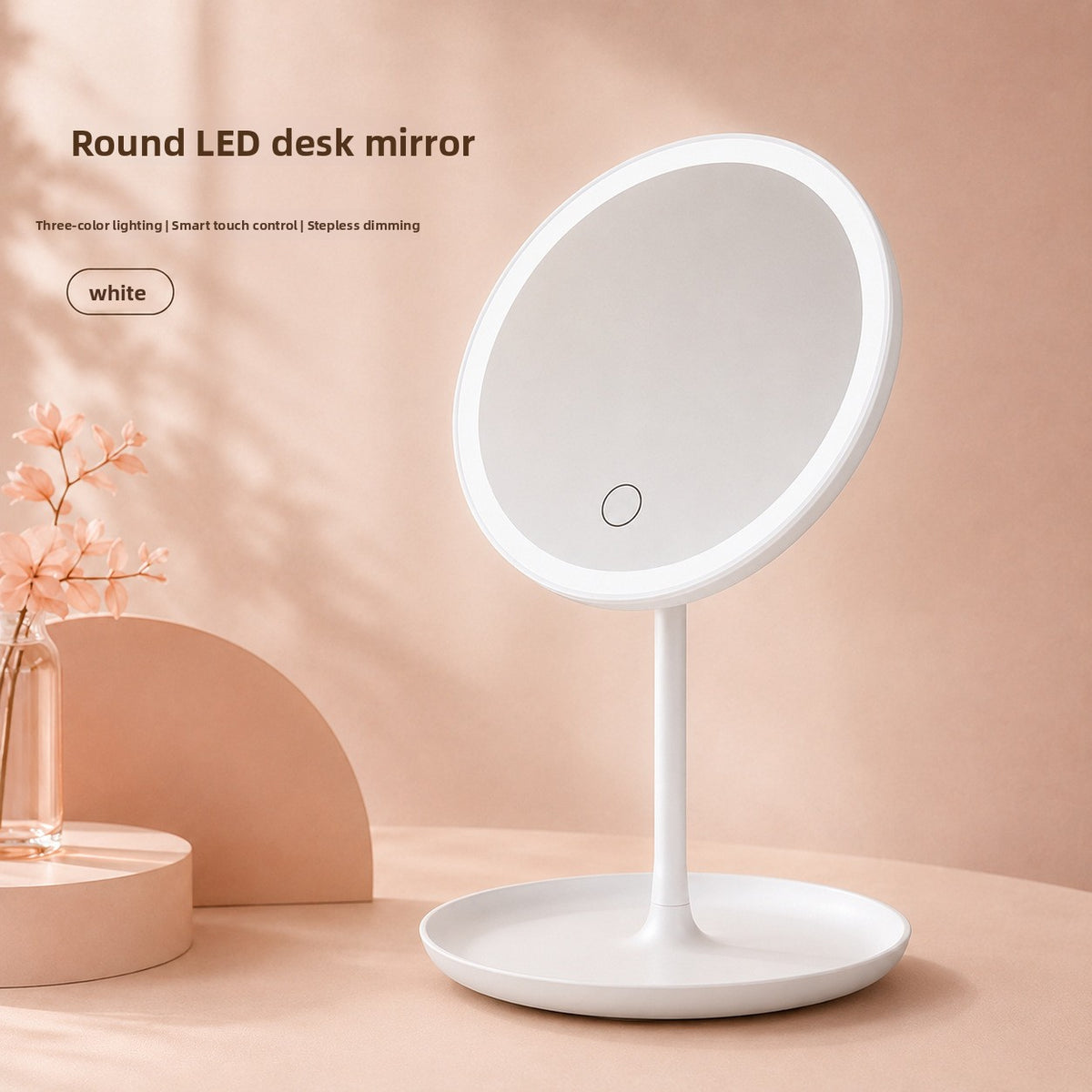 Round white LED desk mirror on a white round tray base with blossom branches, white option