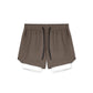 Two in one training shorts in deep khaki shown flat with the inner liner, drawstring close view