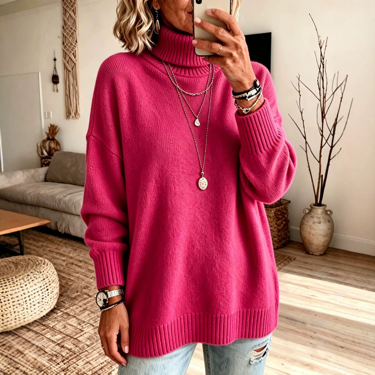 Woman in a rose red turtleneck knit sweater with a folded high collar and ribbed cuffs, jeans below