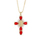 Cross pendant set with purple cubic zirconia on a delicate plated chain, studio shot