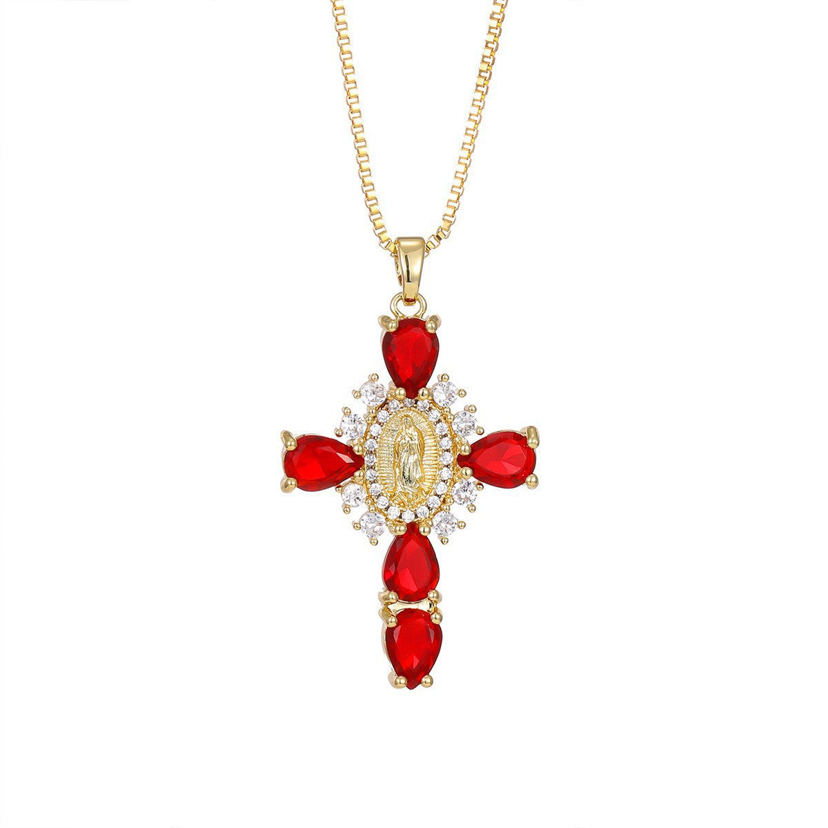 Cross pendant set with purple cubic zirconia on a delicate plated chain, studio shot