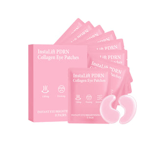 Collagen under-eye patches pack of 8 pairs, front view of the sealed tray