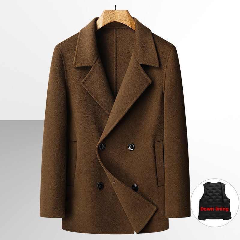 Camel toned double breasted wool overcoat shown flat on a hanger, angled front view