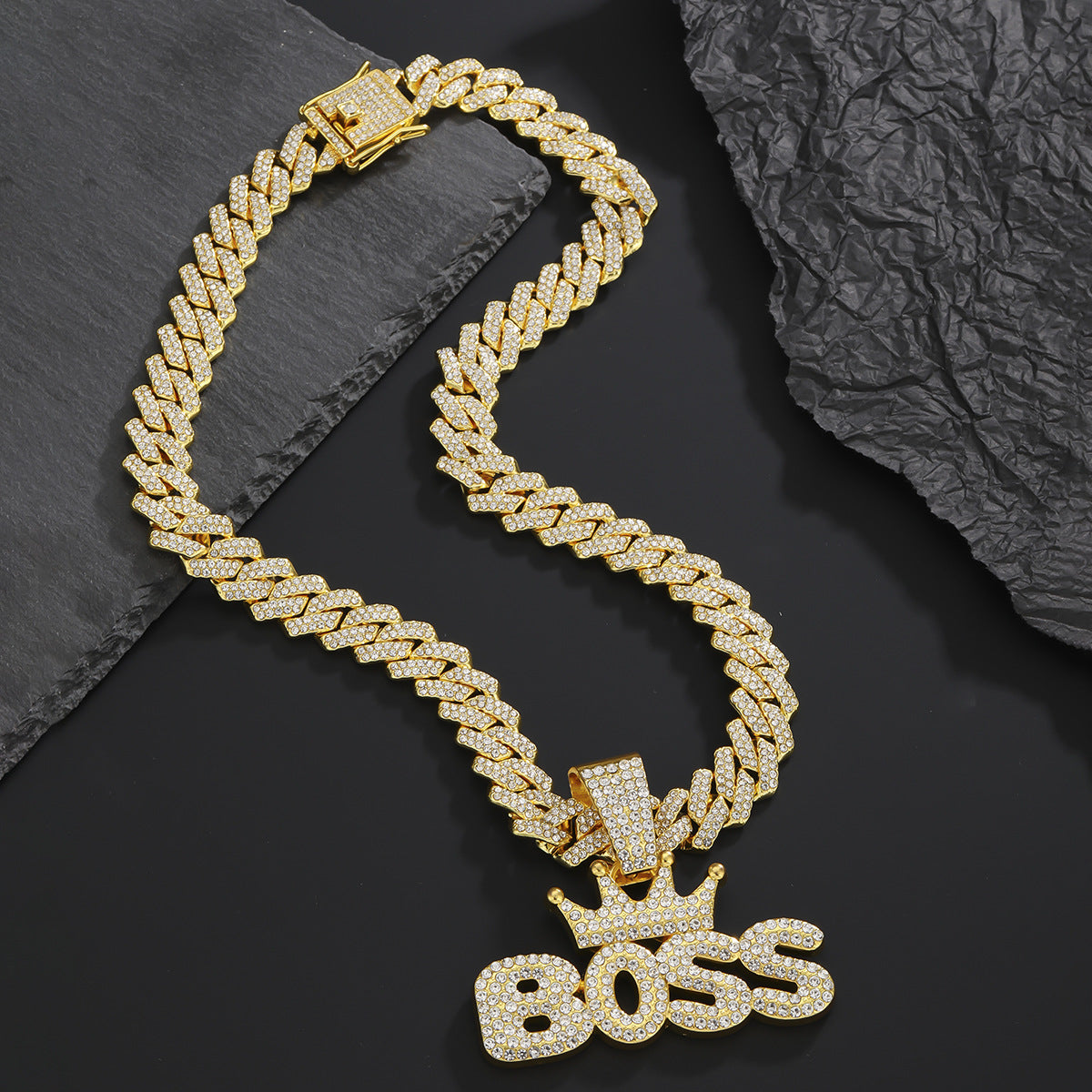 Crown pendant necklace for men paved with cubic zirconia front view