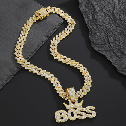 Crown pendant necklace for men paved with cubic zirconia front view