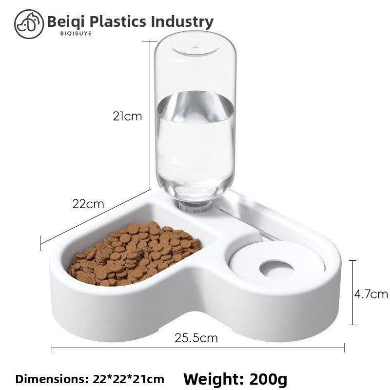 Overall view of the gravity pet feeder and water dispenser with tall hopper and side water bottle