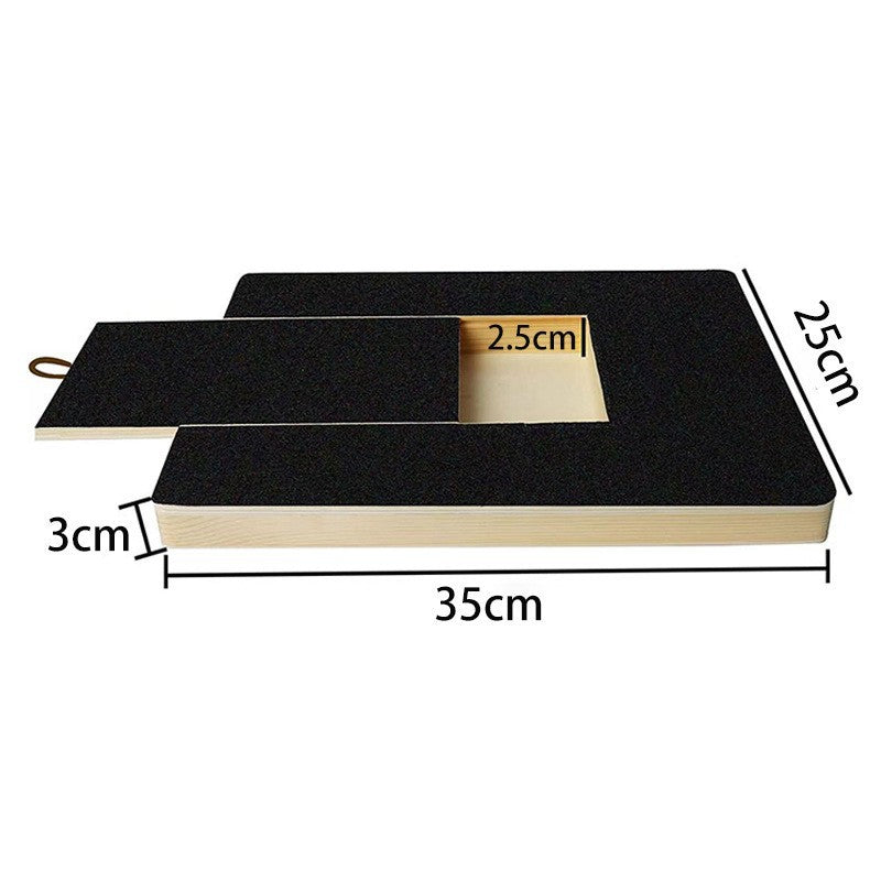 Wooden pet nail grinding board viewed from the side showing the solid pine base and sandpaper top