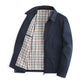 Navy cotton zip jacket with a turn-down collar and a plaid lining, shown open at the front on a white background