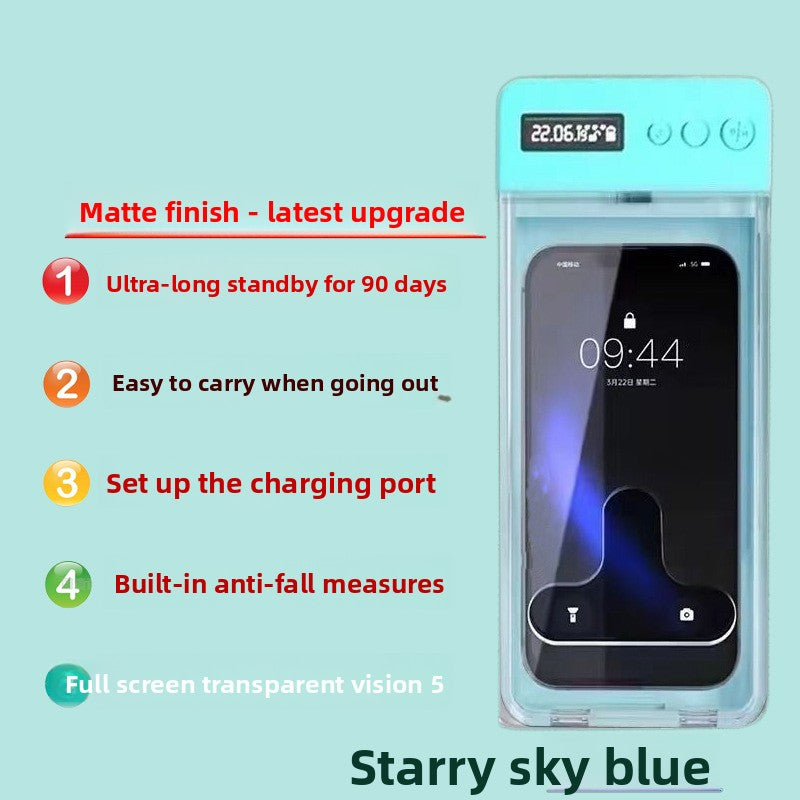 Clear plastic phone lock box shown in white black violet and sky blue colors