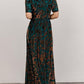 Front view of the floral velvet wrap dress showing the crossed V neck and self tie high waist