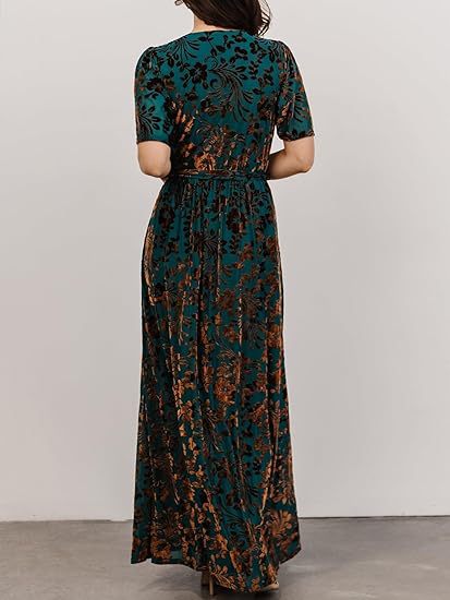 Front view of the floral velvet wrap dress showing the crossed V neck and self tie high waist