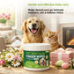 Lifestyle panel with the white pet dental finger wipes tub, a golden retriever and a ginger cat