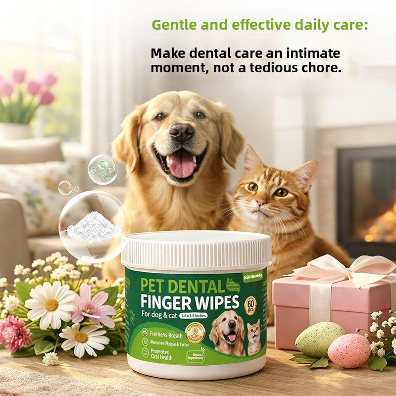 Lifestyle panel with the white pet dental finger wipes tub, a golden retriever and a ginger cat