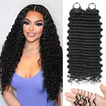 Model wearing deep wave crochet braids beside black human hair strands with loops at the top