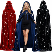 Hooded Velvet Cloak with Star and Moon Print for Halloween Costume