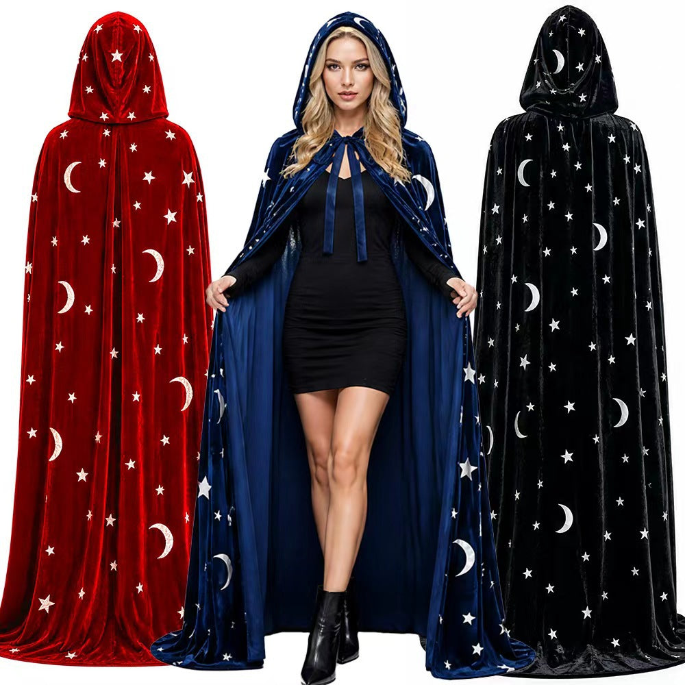 Burgundy, navy blue and black velvet cloaks with silver stars and moons, the center one worn open by a model
