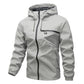 Light Gray hooded zip jacket with drawstring hood, front zip and chest zip pocket, flat front view