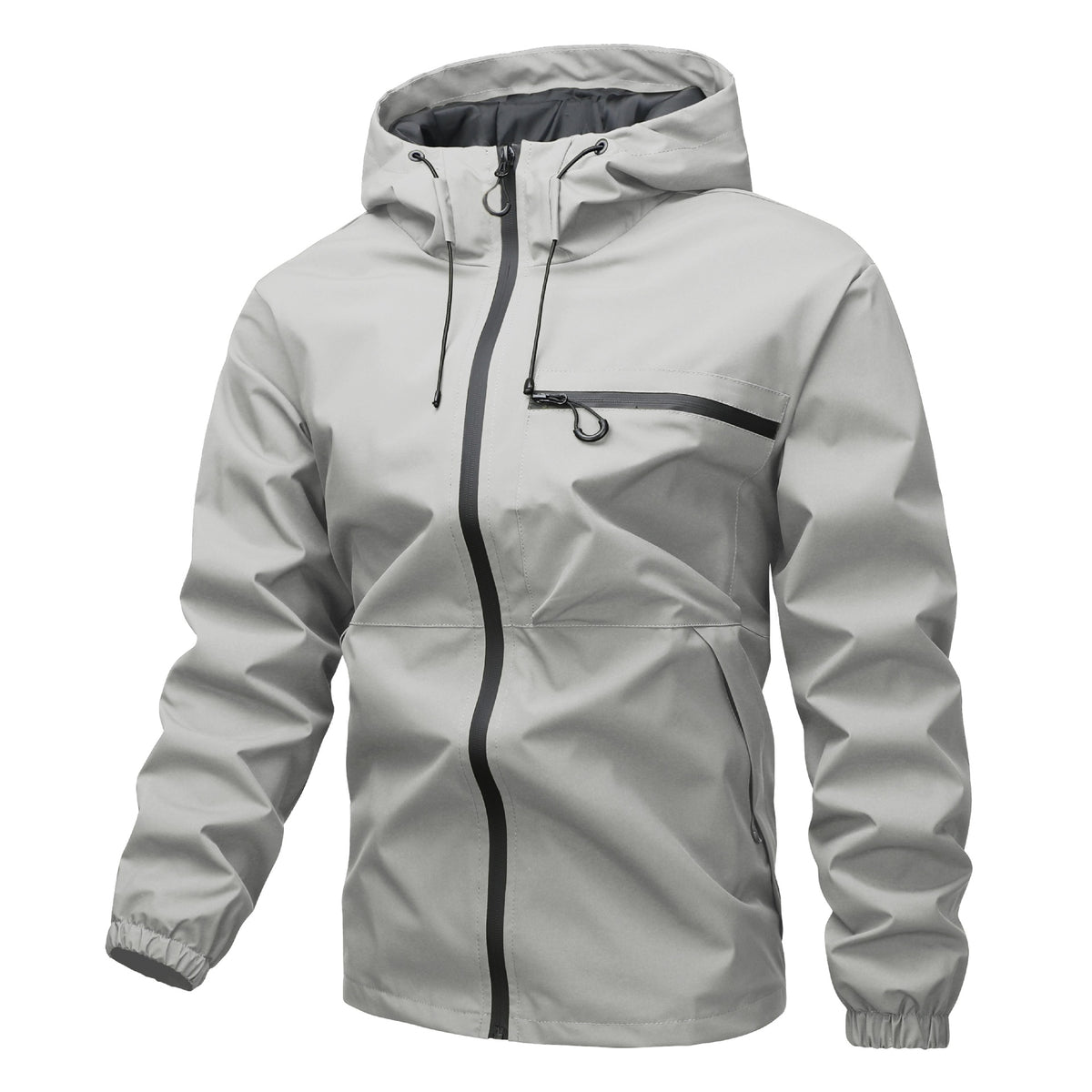Light Gray hooded zip jacket with drawstring hood, front zip and chest zip pocket, flat front view