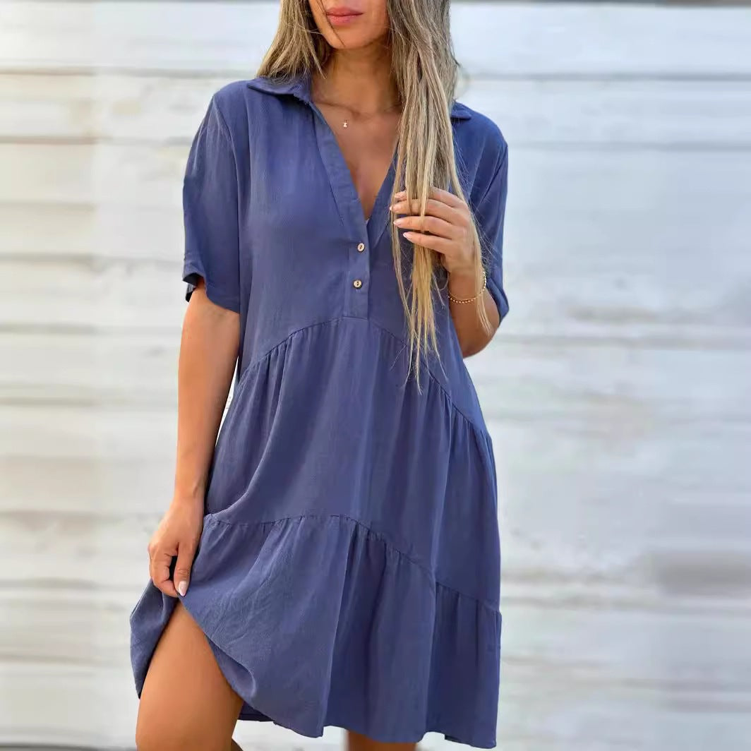 Rose pink short sleeve cotton and linen tiered shirt dress showing the gathered tiered skirt and loose fit