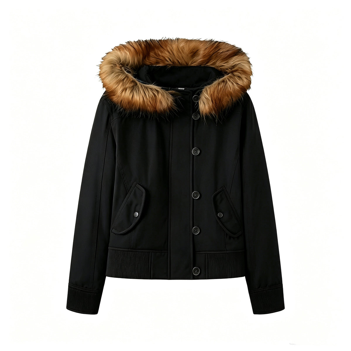 Black short jacket with a brown fur trimmed hood, button front and flap pockets, image for the Black option in size S