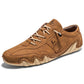 Yellow brown microfiber low-top lace-up casual shoe with a wavy cream lug sole, three quarter view, size option 42