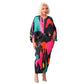 Pleated batwing V neck abstract print midi dress on a standing model, back view
