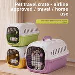 Two tone hard plastic pet travel crate with a metal wire grille door and side slot vents