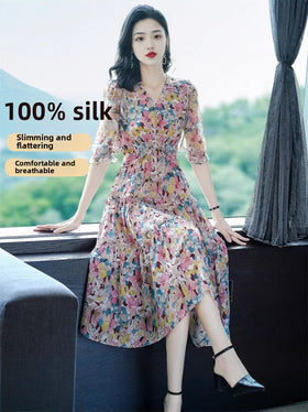 Printed Floral Silk Midi Dress