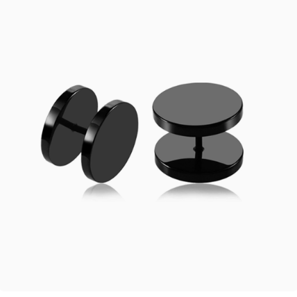 Polished stainless steel disc stud earrings displayed at an angle, product shot