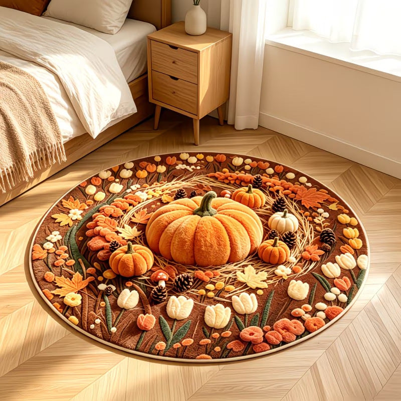 Round plush floor mat with a 3D autumn pumpkin wreath print on soft polyester velvet