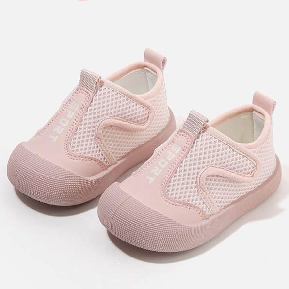 Beige toddler breathable mesh slip on sports shoe with the back pull tab and padded ankle collar