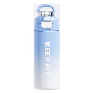 Blue two tone stainless steel water bottle front view with a KEEP FIT print and a flip straw lid on top