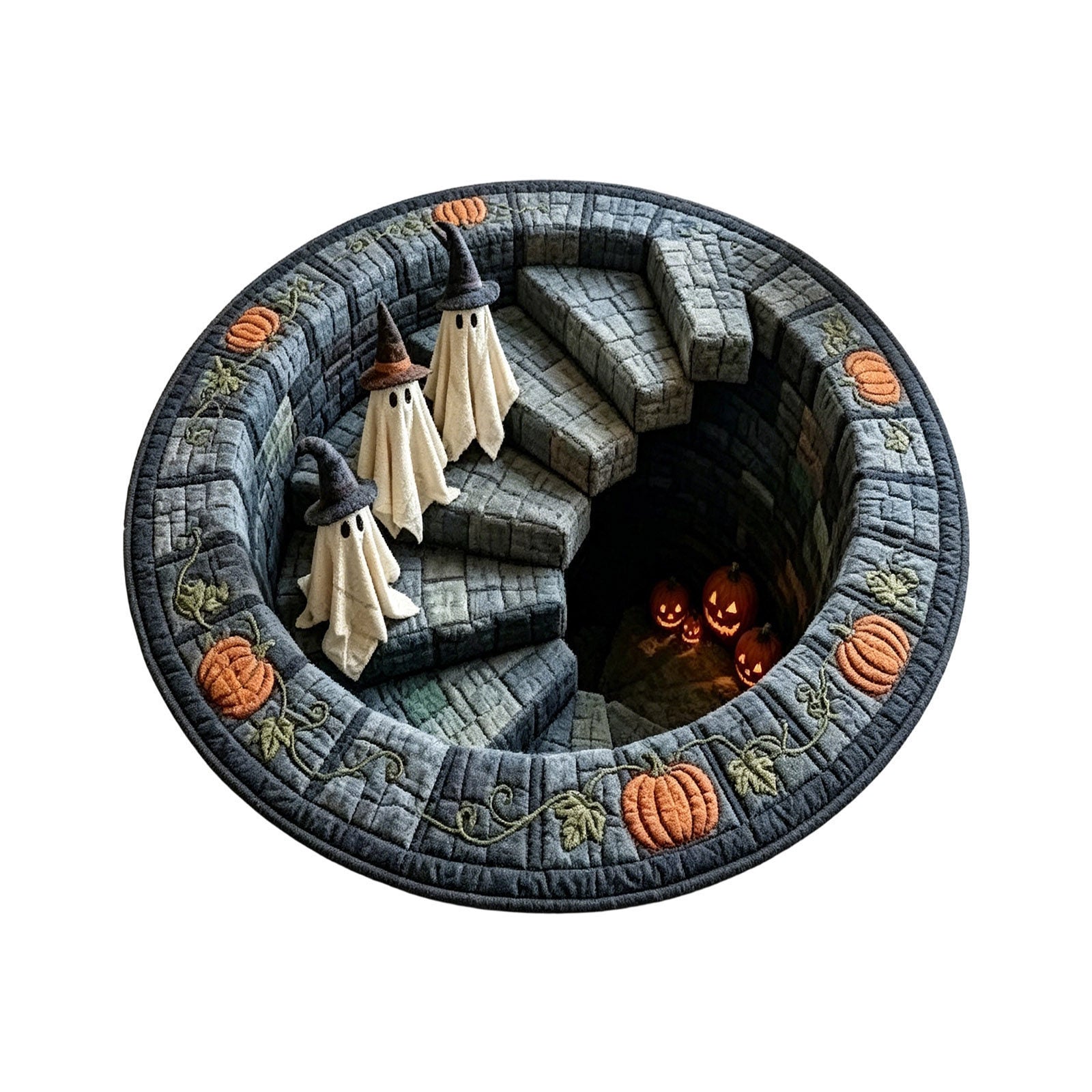 Round plush floor mat with a 3D Halloween ghosts and jack o lantern cellar print