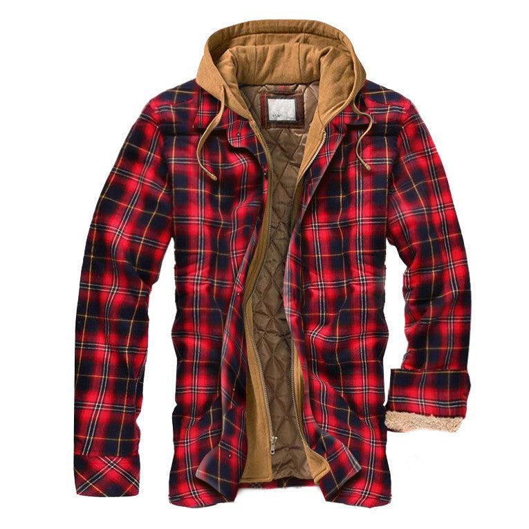 Mens plaid hooded jacket with quilted lining and full zip front