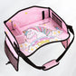 Pink Unicorn kids travel tray with printed top, divider box, mesh pocket and strap