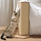 Option Yellow 62cm Scratcher L2: cat reaching up a sisal scratching post with wood base beside a sofa arm and cream throw