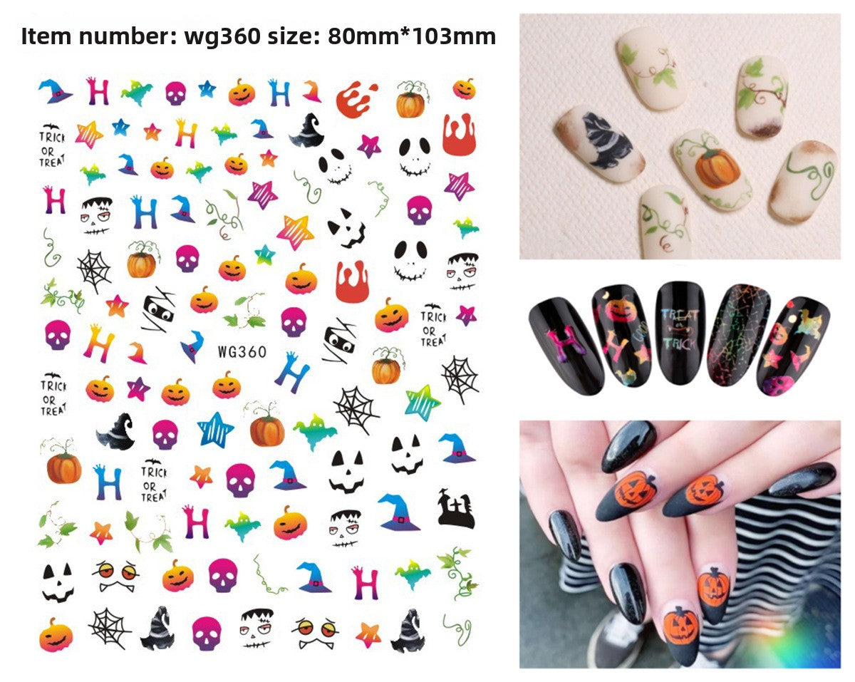Halloween nail art with cartoon skeleton and monster face designs
