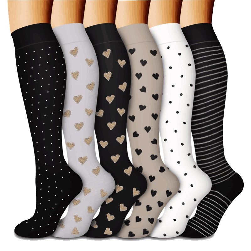 Knee high compression socks with athletic stripe prints for running and cycling
