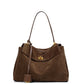 Detail of stitching, hardware and finish on the frosted suede leather tote