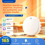 White AI language practice device on a school desk with feature icons and a 165 languages badge